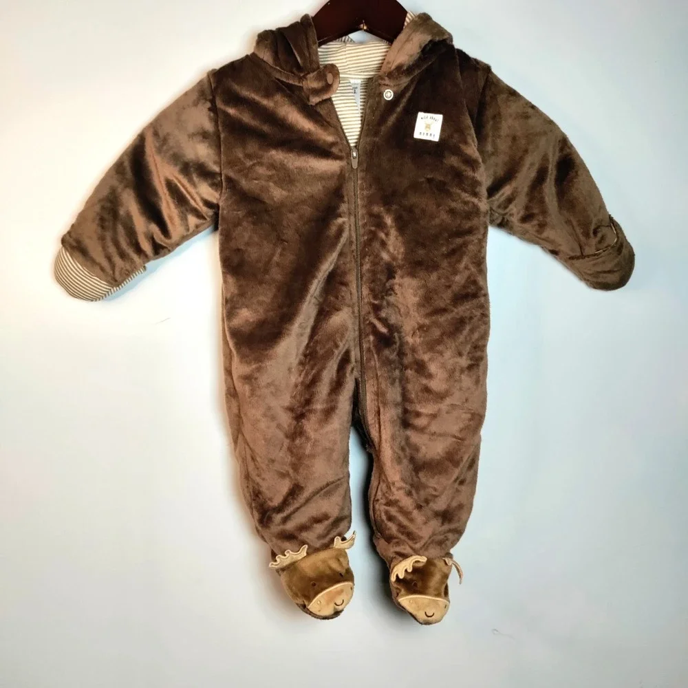 Carters Baby Bunting Outwear Hooded Footed Zip Up‎ Brown Moose Reindeer 6M Plush